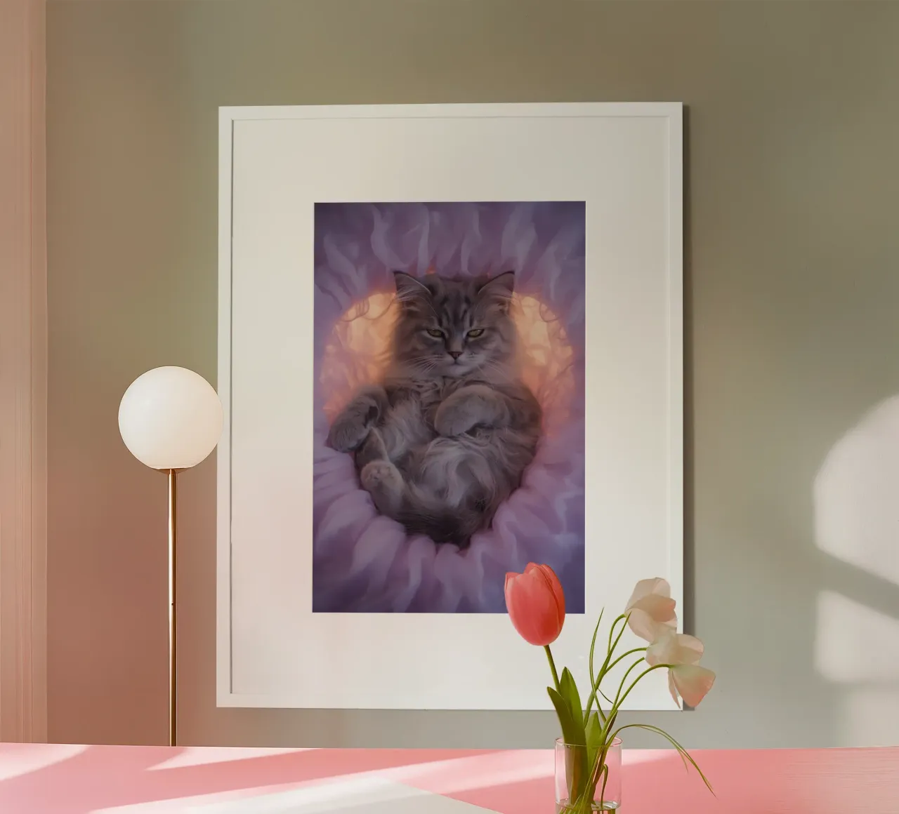 Grau getigerte Katze im rosa Stoffnest Poster mit Kunststoffrahmen von DesignDoodle