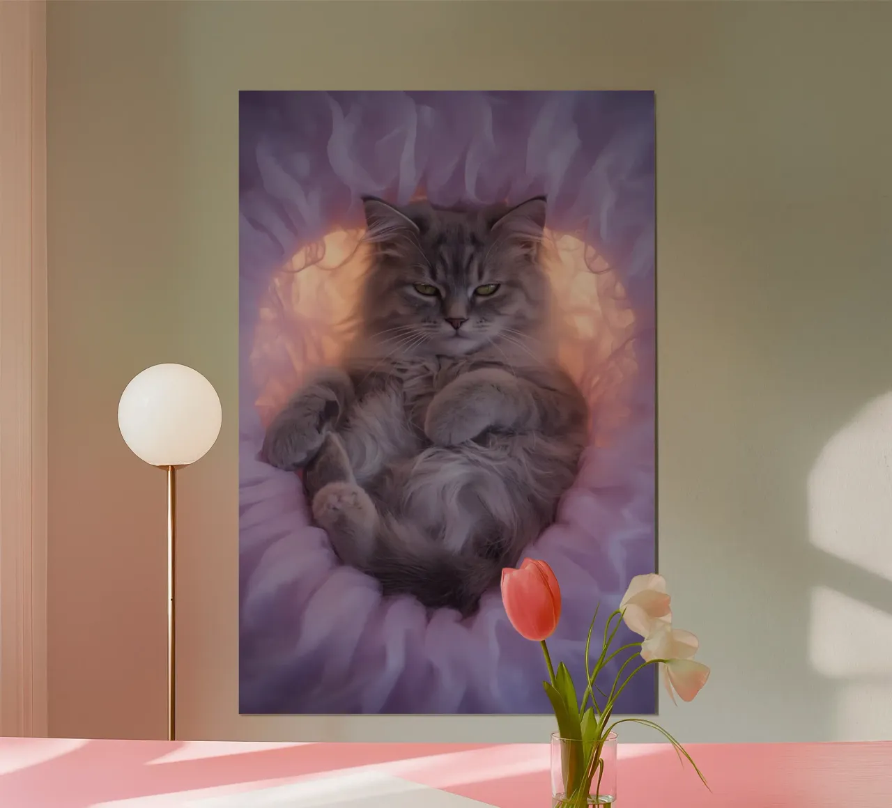 Grau getigerte Katze im rosa Stoffnest Poster mit Kunststoffrahmen von DesignDoodle