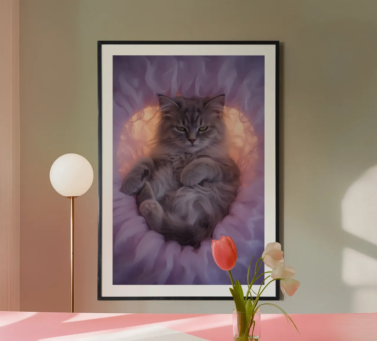 Grau getigerte Katze im rosa Stoffnest Poster mit Kunststoffrahmen von DesignDoodle