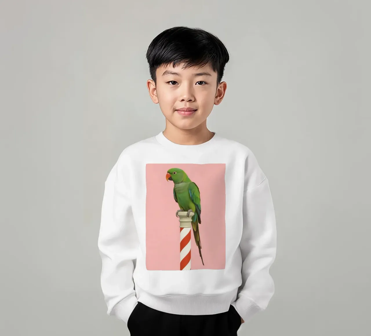 Pappagallo verde su palo a strisce bianche e rosse felpa bambino da DesignDoodle