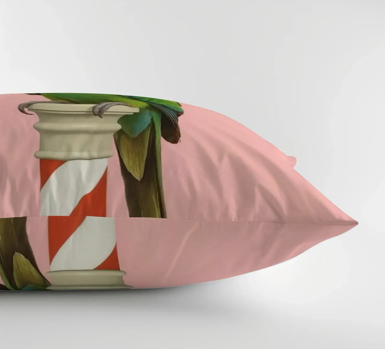 Pappagallo verde su palo a strisce bianche e rosse cuscino da DesignDoodle