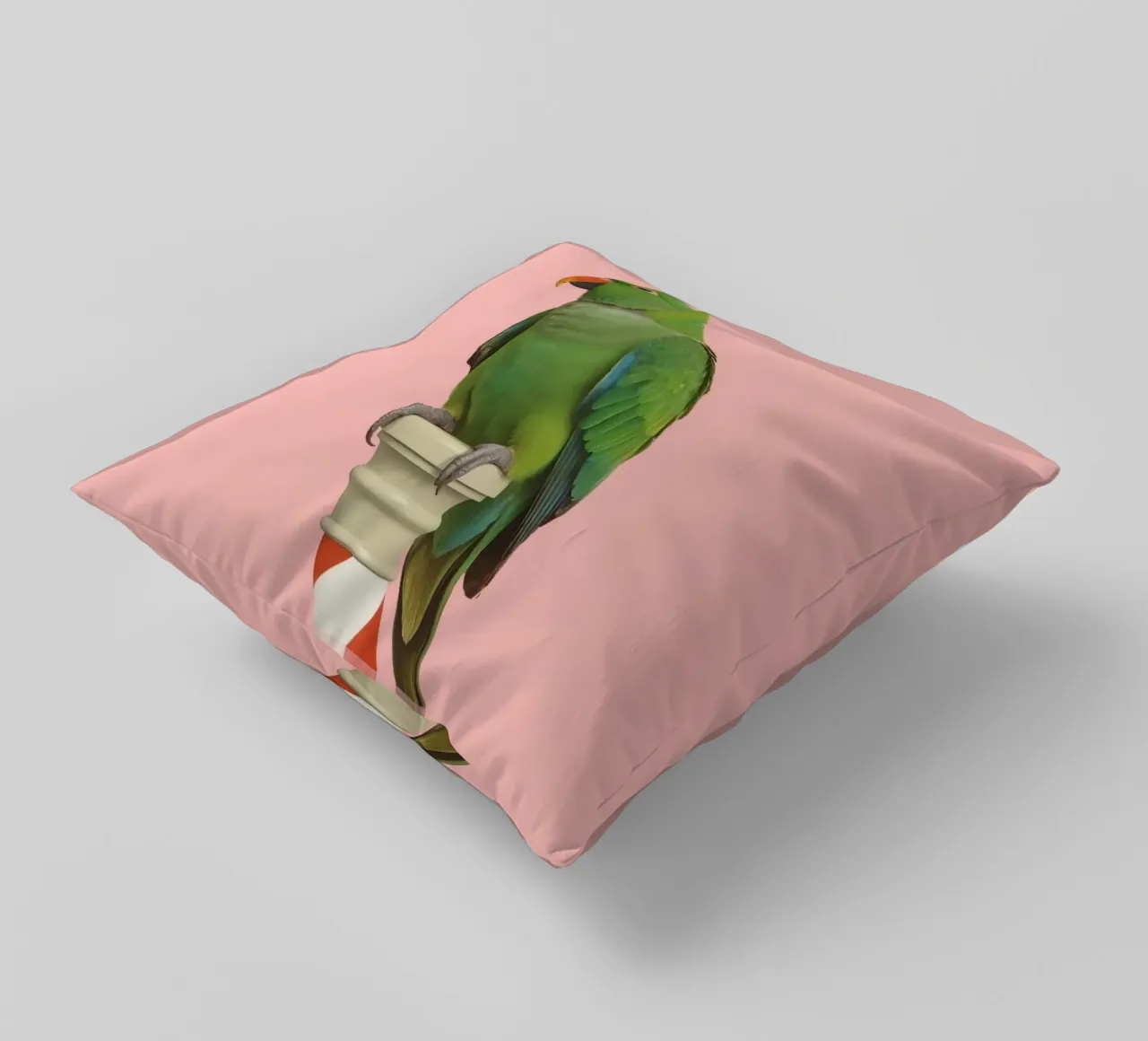Pappagallo verde su palo a strisce bianche e rosse cuscino da DesignDoodle