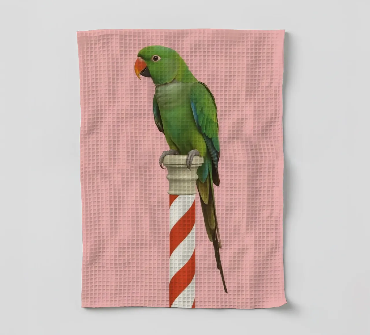 Pappagallo verde su palo a strisce bianche e rosse canovaccio da cucina da DesignDoodle