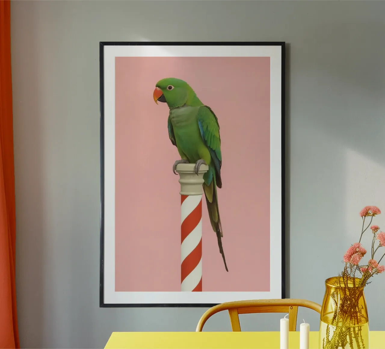 Pappagallo verde su palo a strisce bianche e rosse poster da DesignDoodle