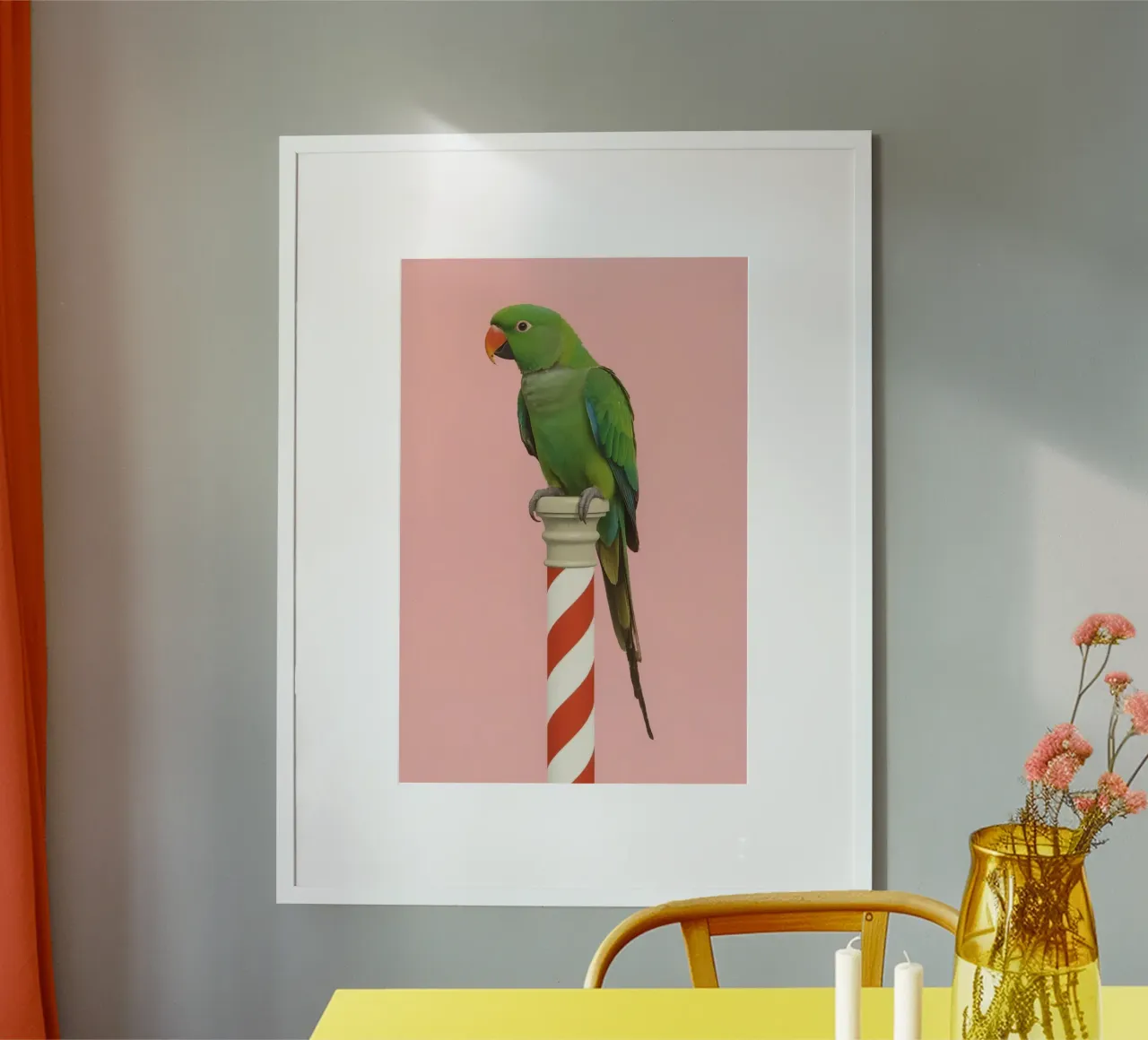 Pappagallo verde su palo a strisce bianche e rosse poster da DesignDoodle