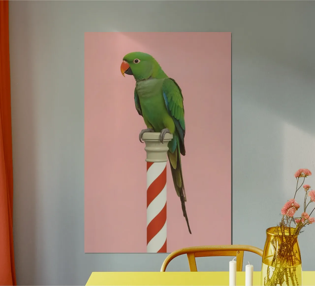 Pappagallo verde su palo a strisce bianche e rosse poster da DesignDoodle