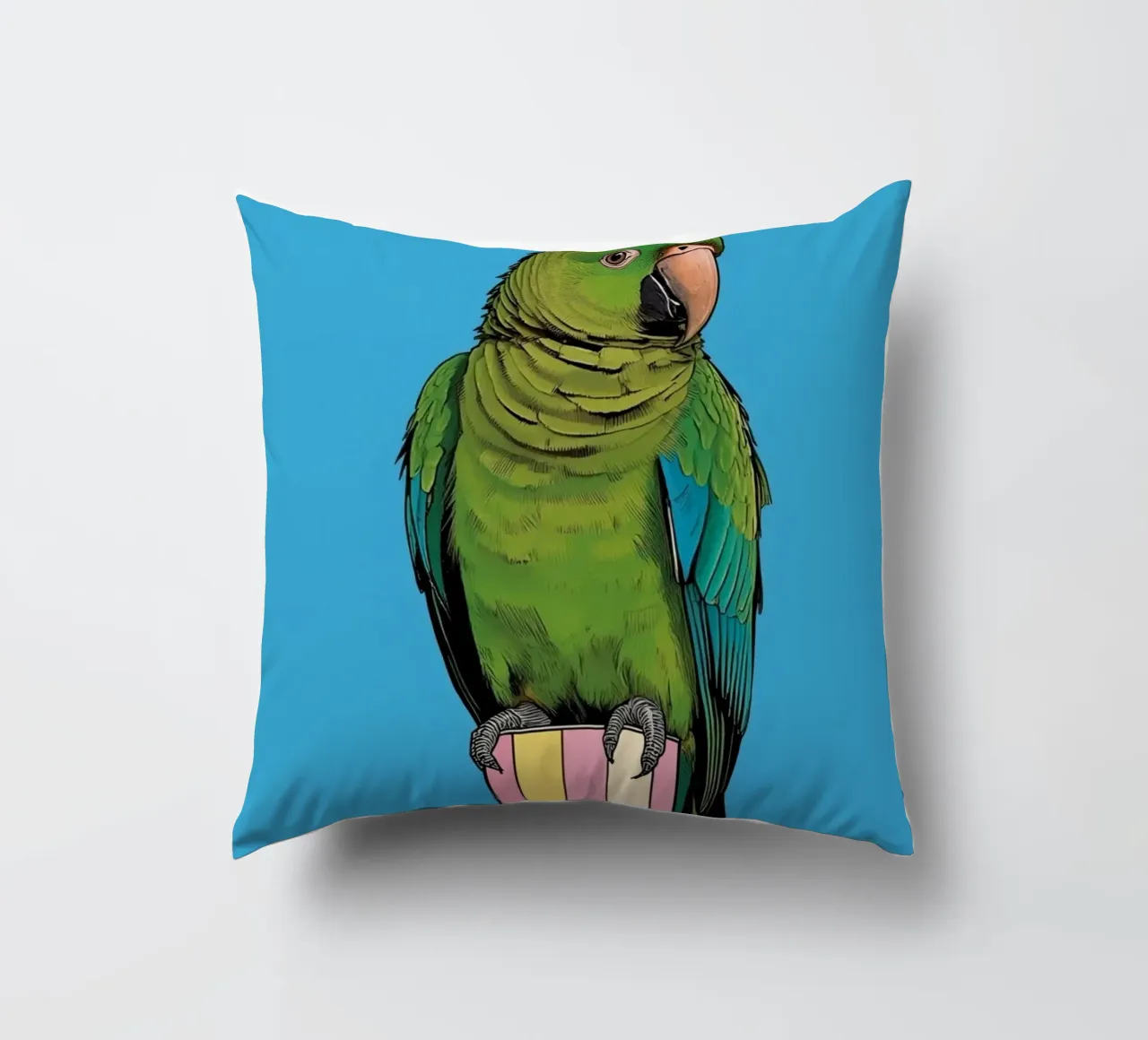 Pappagallo verde su colonna a righe cuscino da DesignDoodle