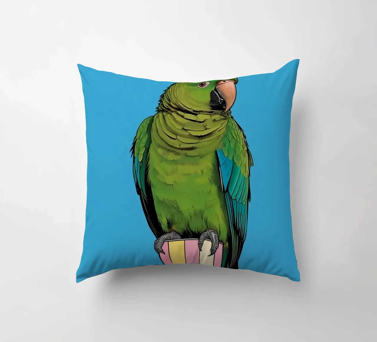 Pappagallo verde su colonna a righe cuscino da DesignDoodle