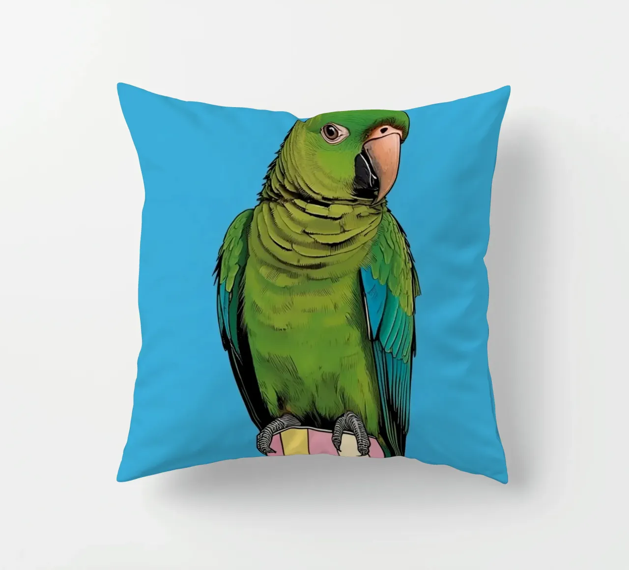 Pappagallo verde su colonna a righe cuscino da DesignDoodle