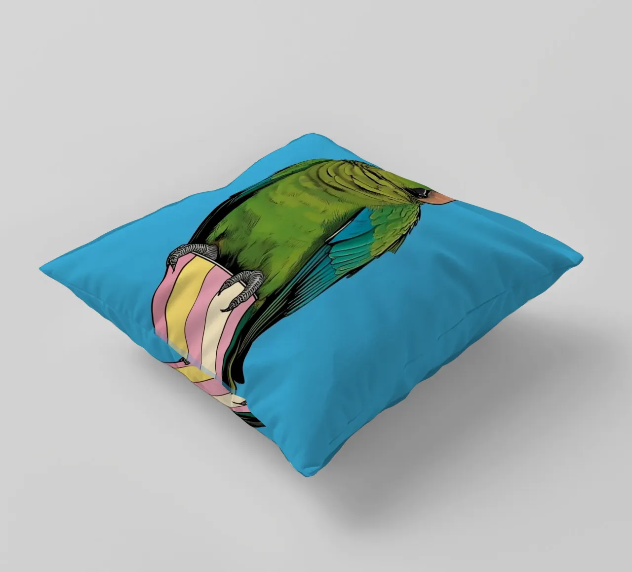 Pappagallo verde su colonna a righe cuscino da DesignDoodle