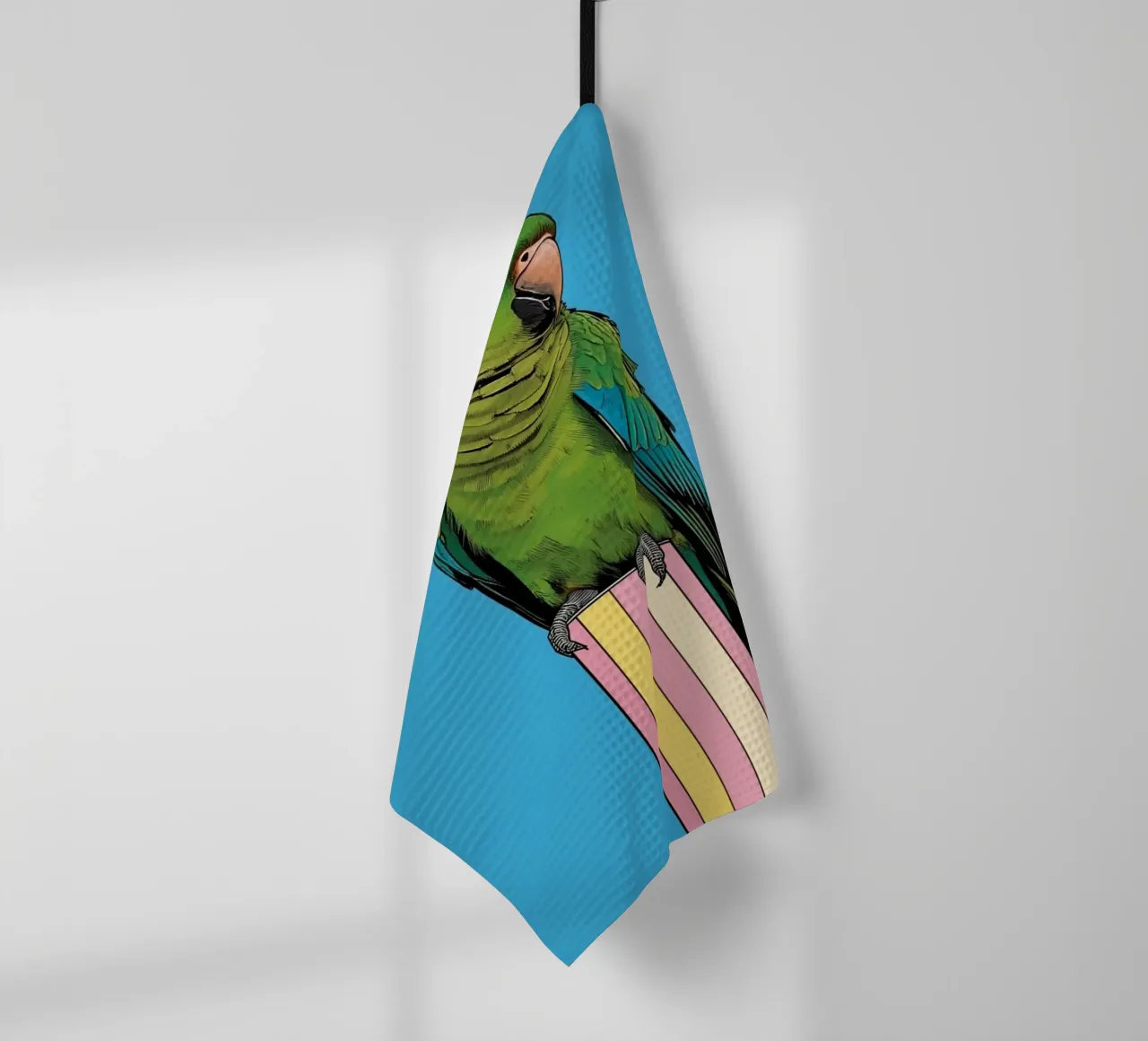 Pappagallo verde su colonna a righe canovaccio da cucina da DesignDoodle