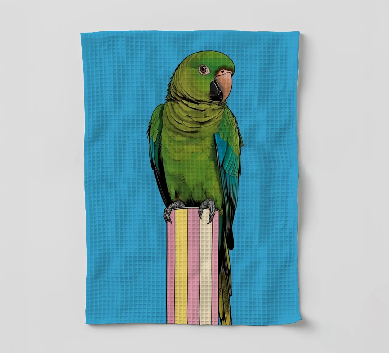 Pappagallo verde su colonna a righe canovaccio da cucina da DesignDoodle