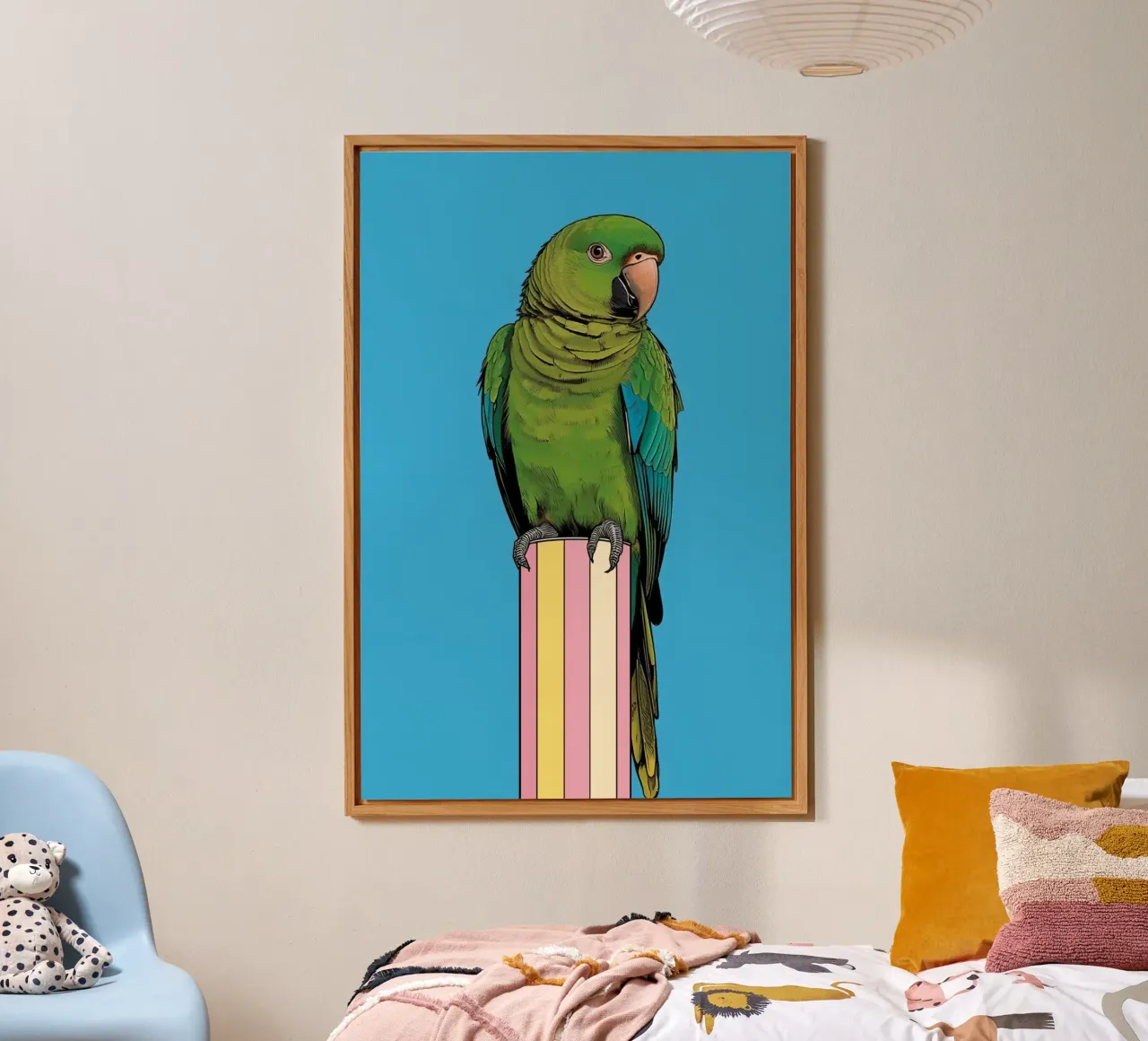 Pappagallo verde su colonna a righe alluminio dibond da DesignDoodle