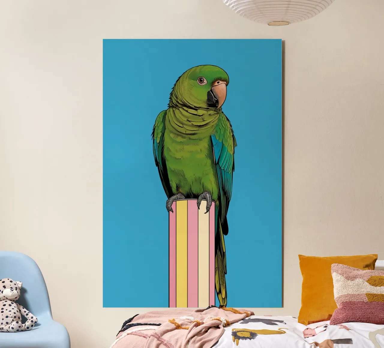 Pappagallo verde su colonna a righe alluminio dibond da DesignDoodle