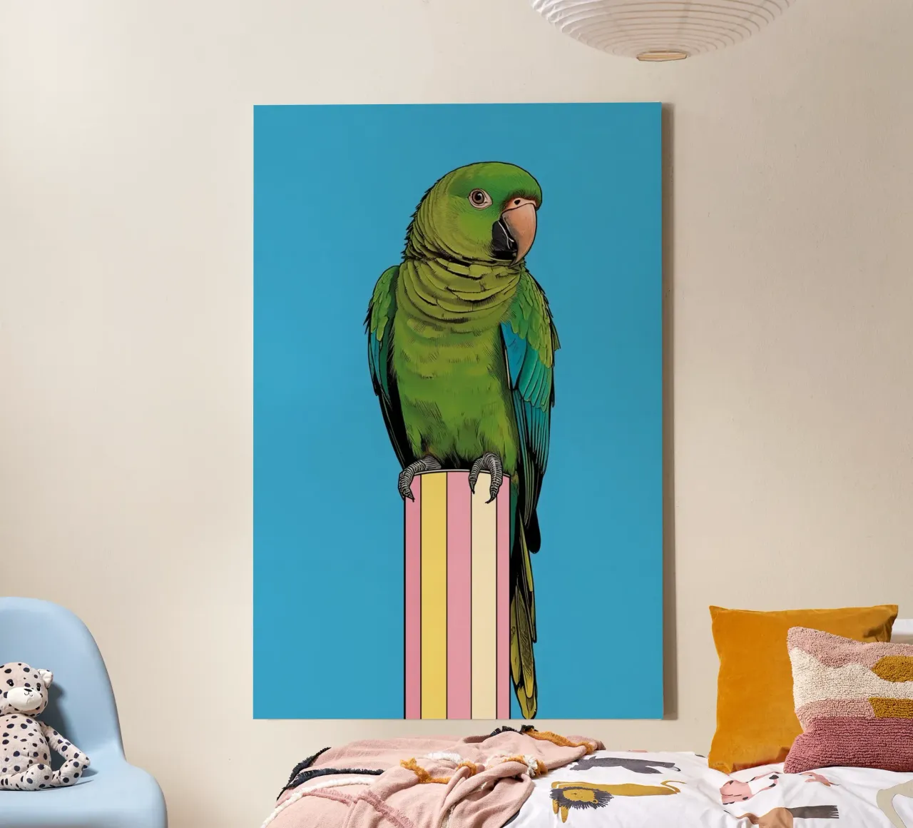 Pappagallo verde su colonna a righe tela con Cornice a cassetta da DesignDoodle