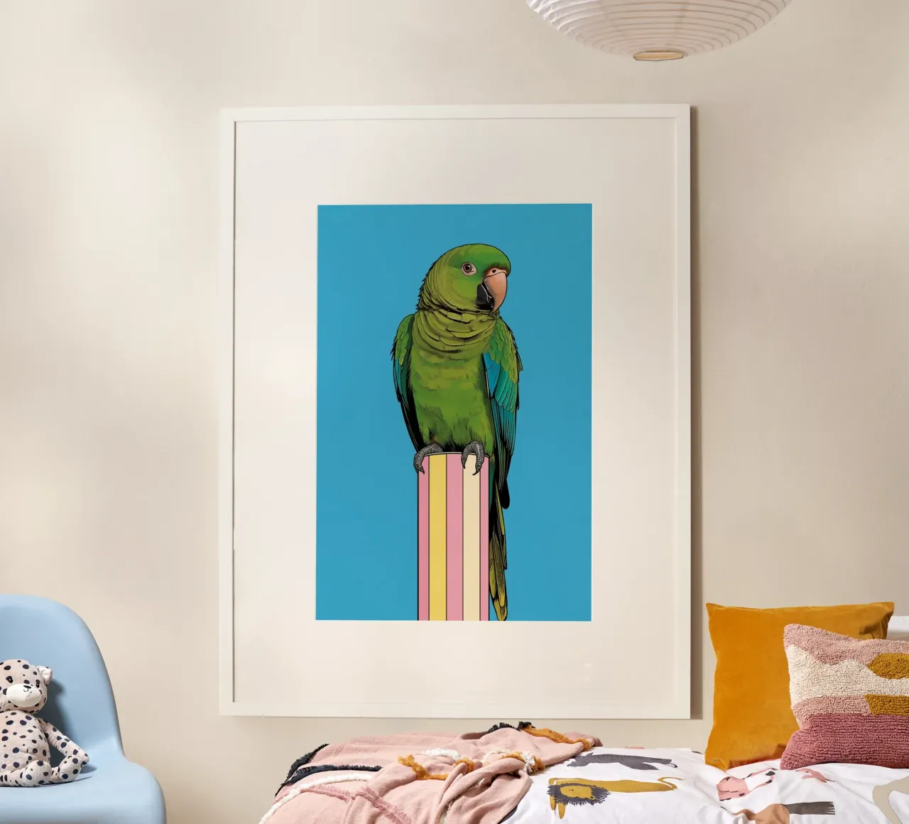 Pappagallo verde su colonna a righe poster da DesignDoodle
