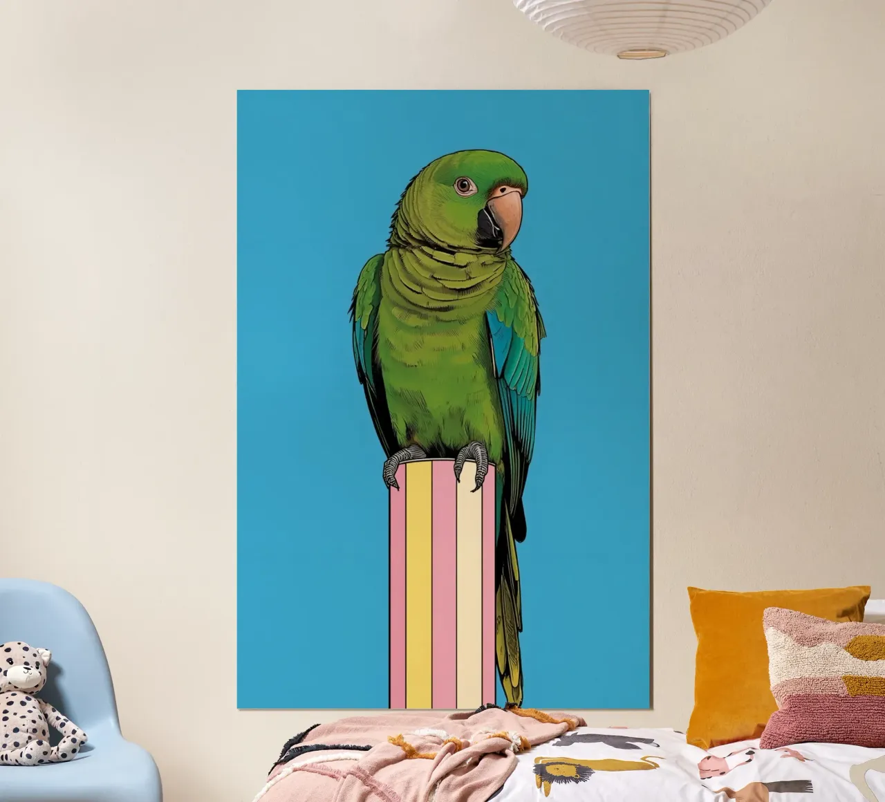 Pappagallo verde su colonna a righe poster da DesignDoodle
