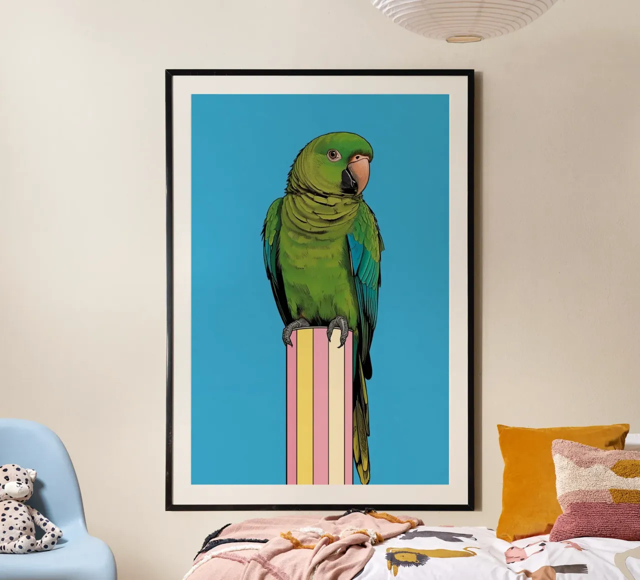 Pappagallo verde su colonna a righe poster da DesignDoodle
