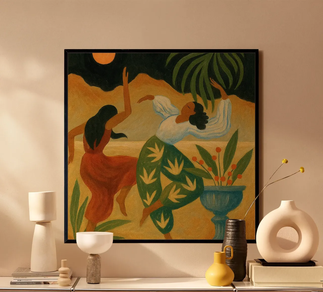 Maanverlichte dans in abstracte harmonie poster met kunststof frame van Yorke Studio