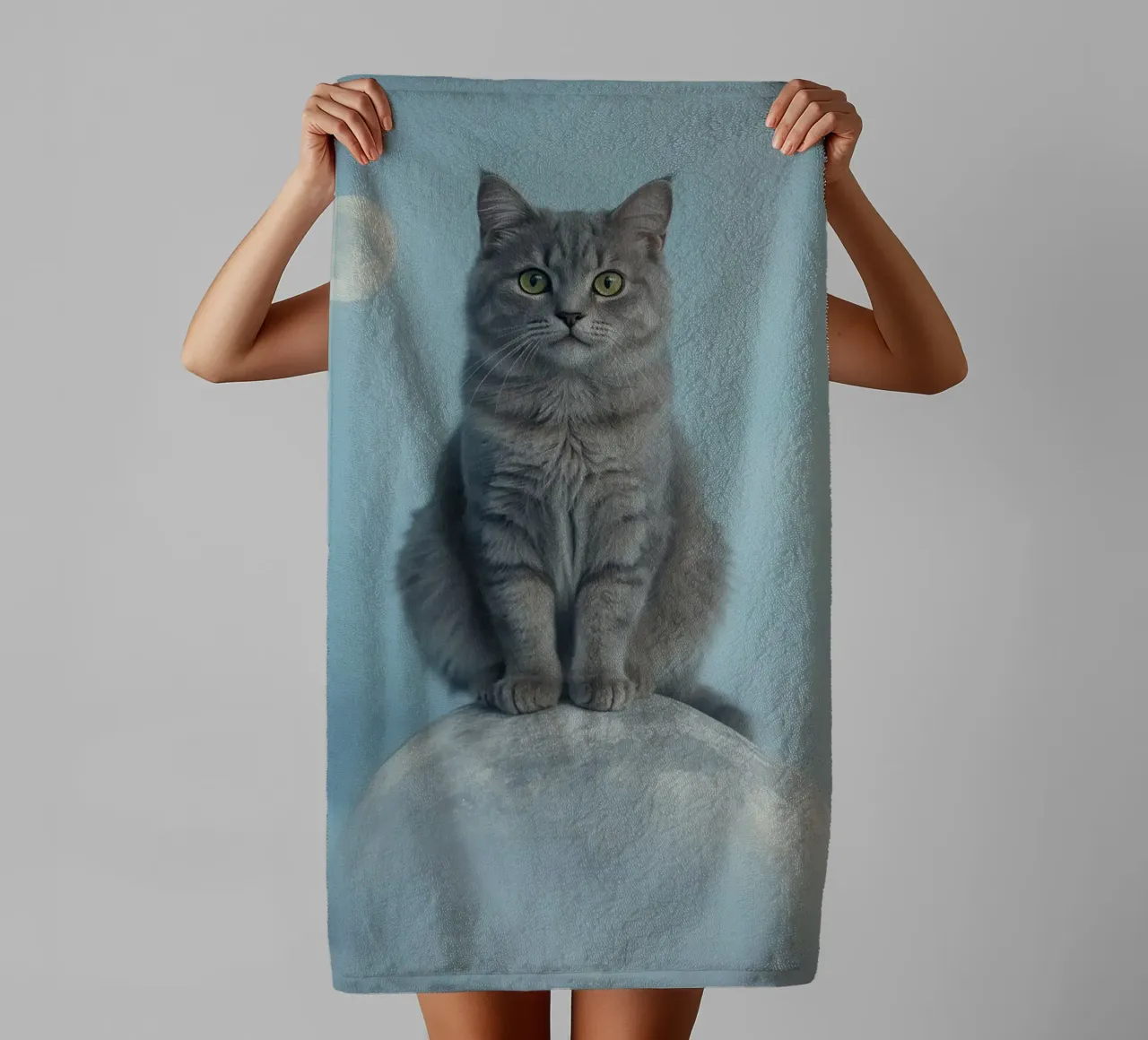 Grey Cat Sitting on Sphere with Moon Background towel by DesignDoodle
