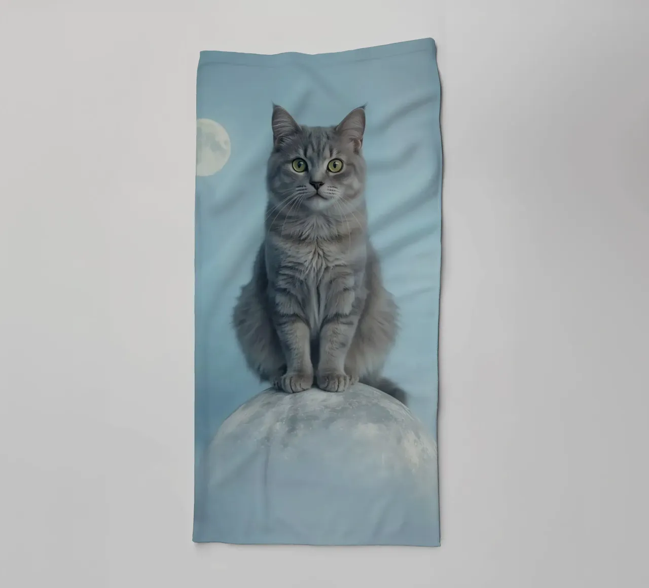 Grey Cat Sitting on Sphere with Moon Background towel by DesignDoodle