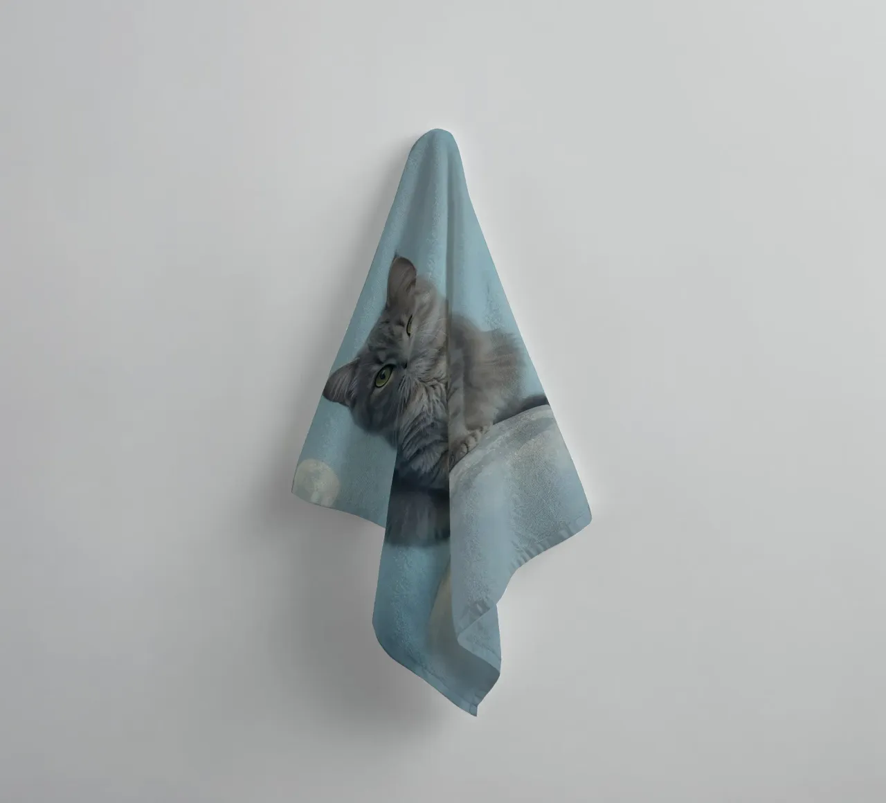 Grey Cat Sitting on Sphere with Moon Background towel by DesignDoodle