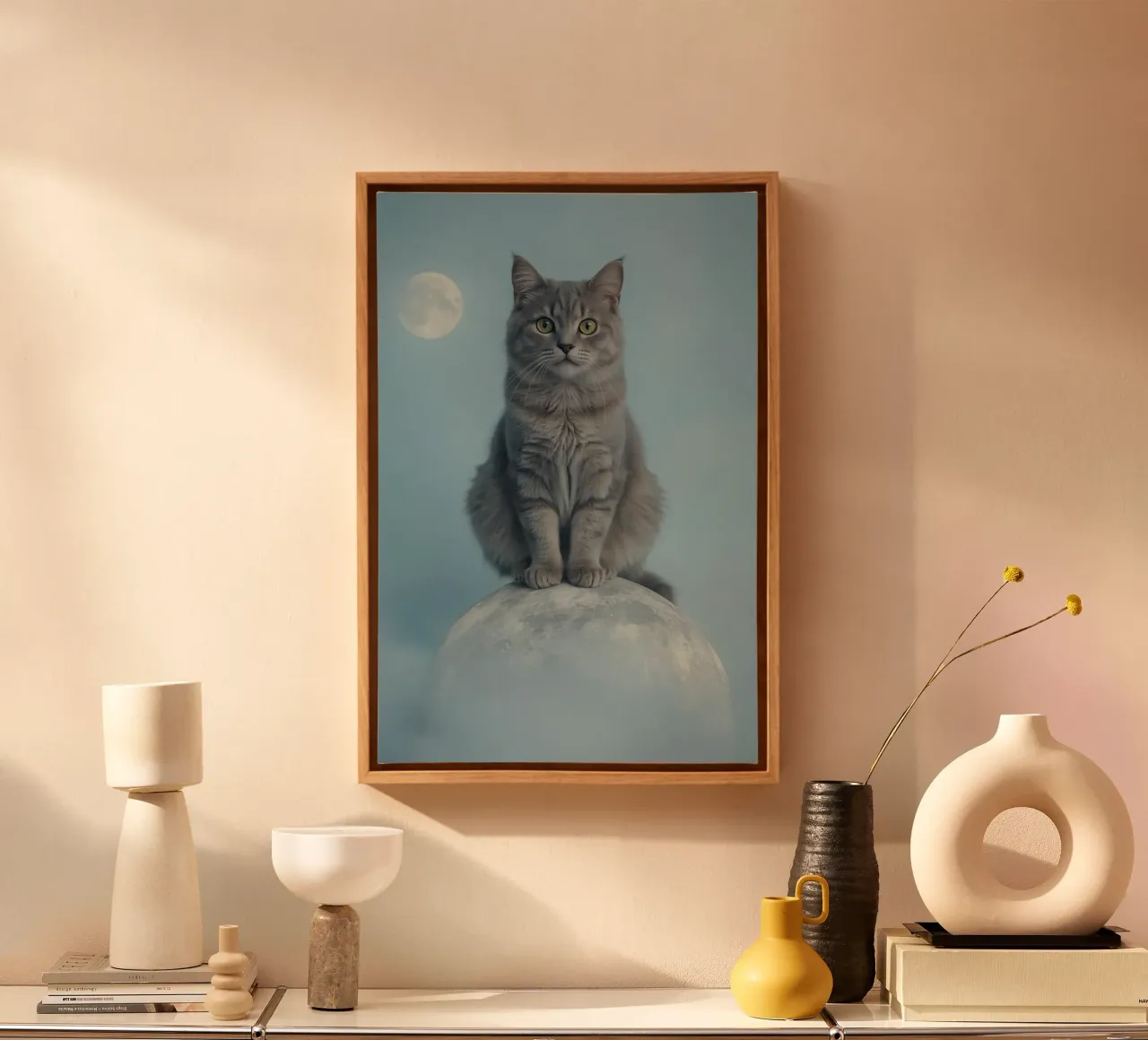 Grey Cat Sitting on Sphere with Moon Background canvas with Floater frame by DesignDoodle
