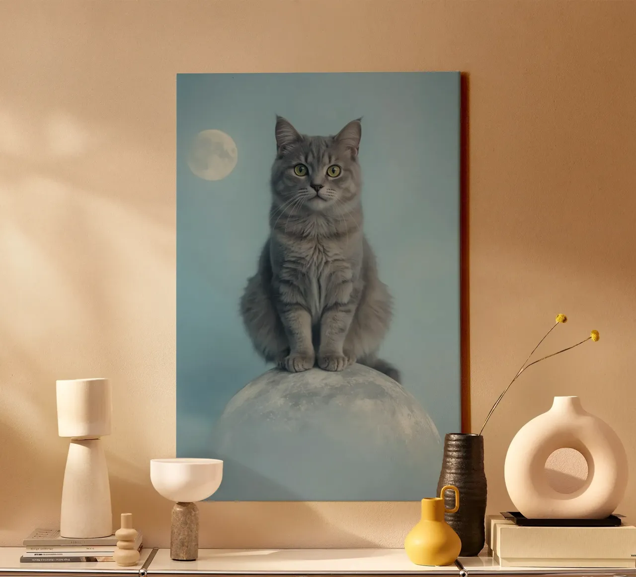 Grey Cat Sitting on Sphere with Moon Background canvas with Floater frame by DesignDoodle