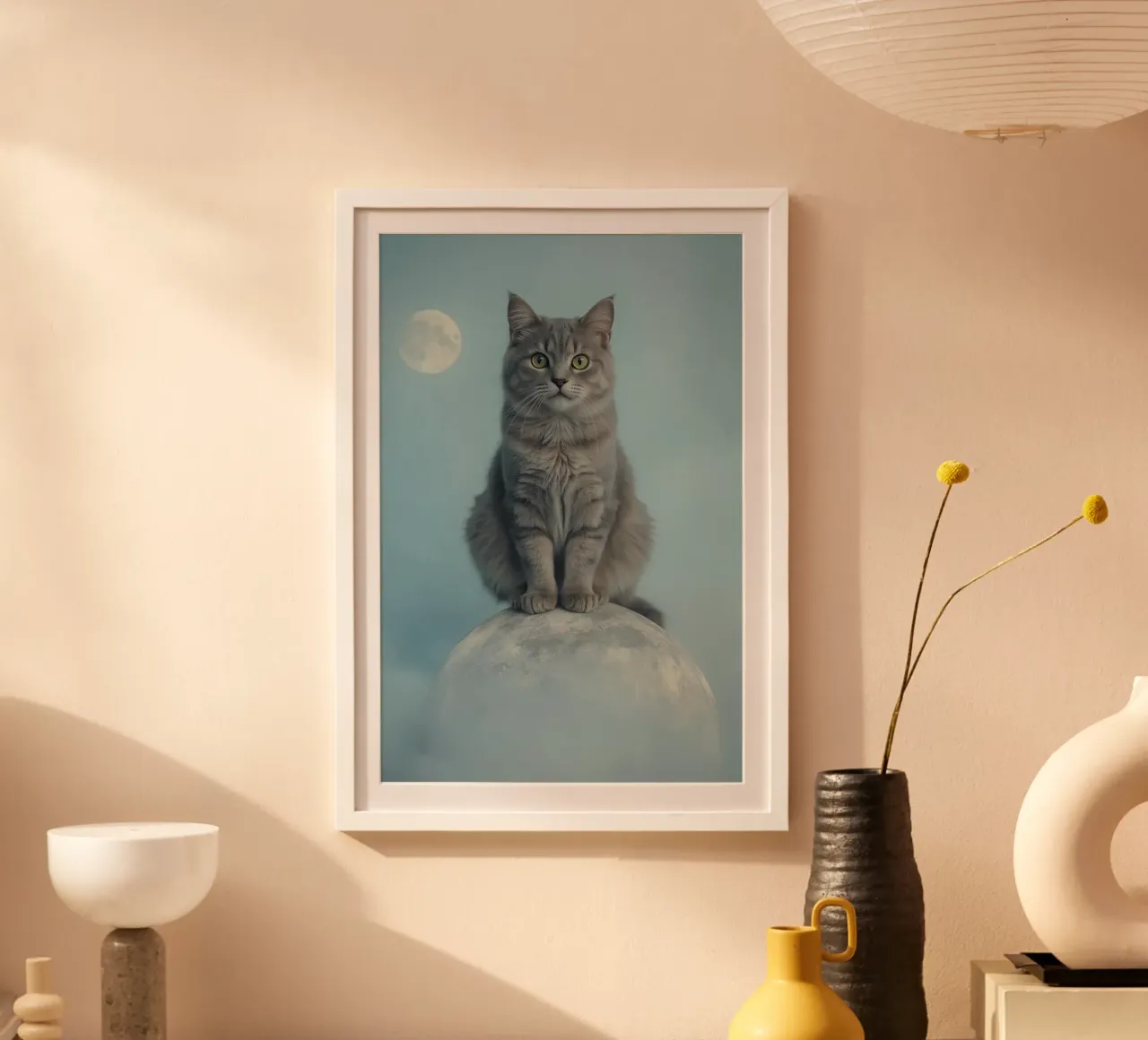 Grey Cat Sitting on Sphere with Moon Background poster by DesignDoodle