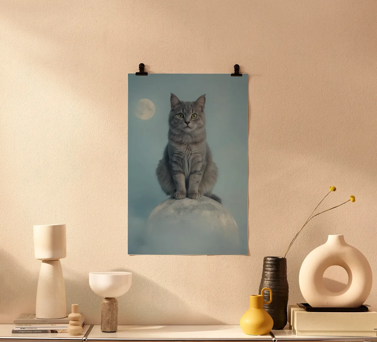 Grey Cat Sitting on Sphere with Moon Background poster by DesignDoodle
