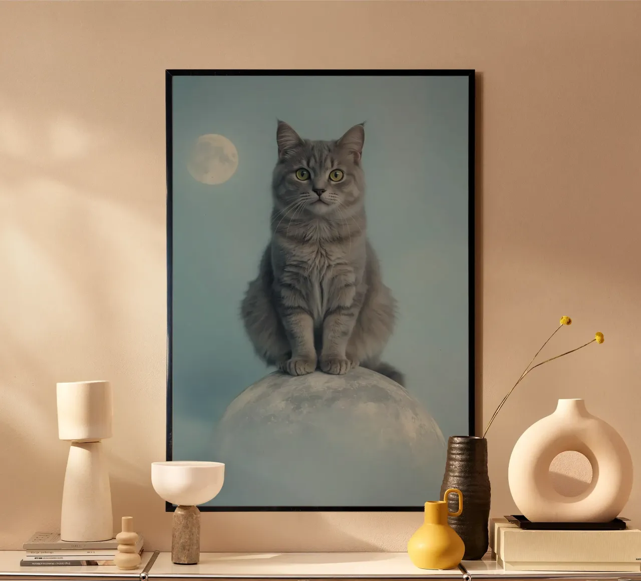 Grey Cat Sitting on Sphere with Moon Background poster by DesignDoodle