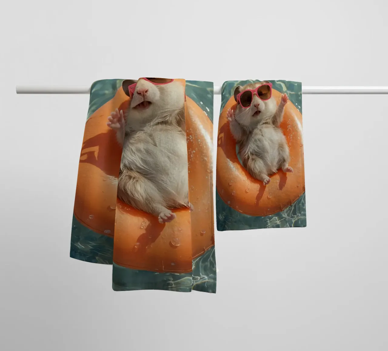 Hamster with Sunglasses on Float in Pool towel by DesignDoodle
