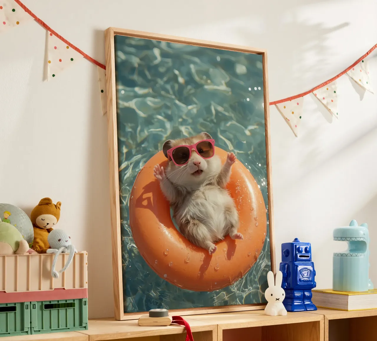 Hamster with Sunglasses on Float in Pool canvas with Floater frame by DesignDoodle