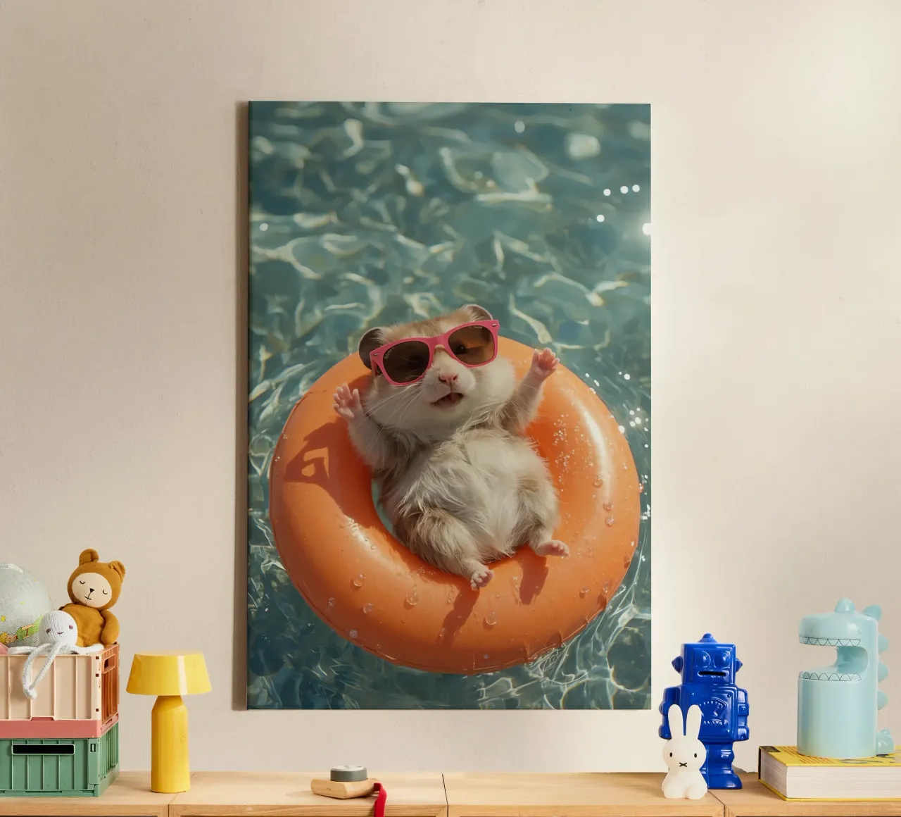 Hamster with Sunglasses on Float in Pool canvas with Floater frame by DesignDoodle