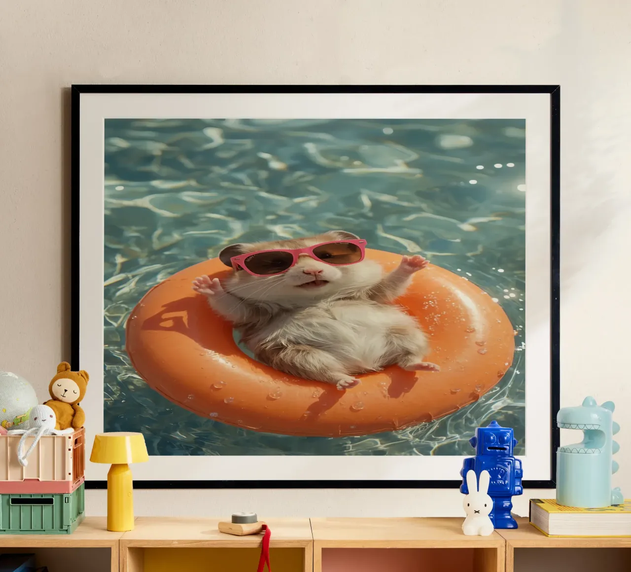 Hamster with Sunglasses on Float in Pool poster by DesignDoodle