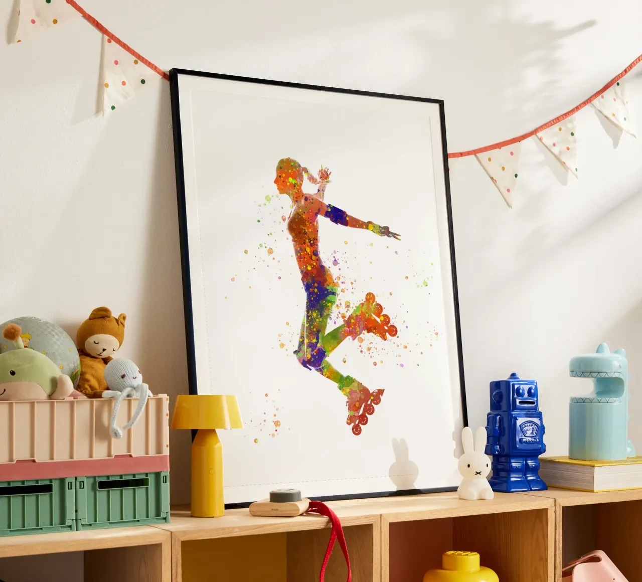 Pattinatrice in acquerello poster con telaio in legno da ⚽ Sports Pulse