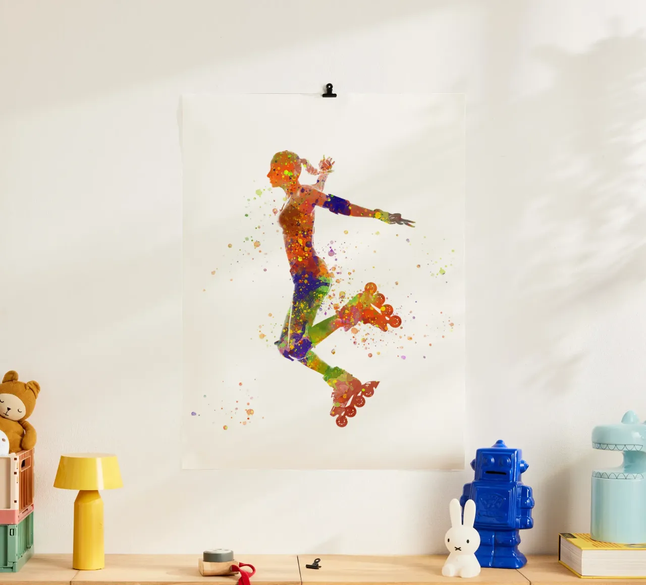 Pattinatrice in acquerello poster con telaio in legno da ⚽ Sports Pulse