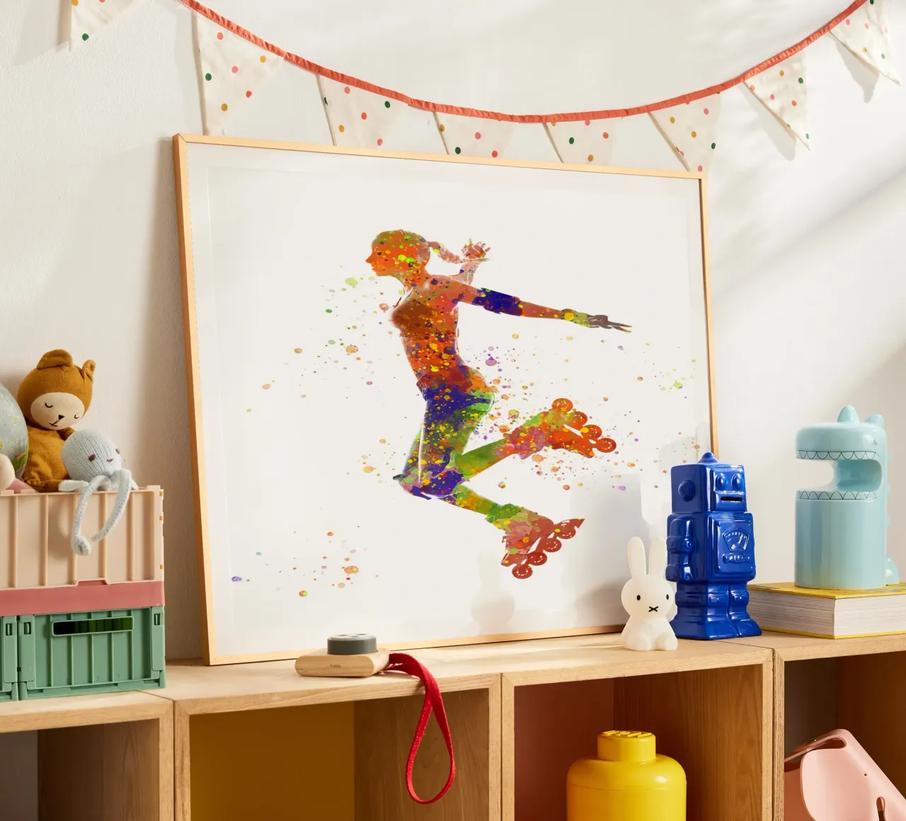 Pattinatrice in acquerello poster con telaio in legno da ⚽ Sports Pulse