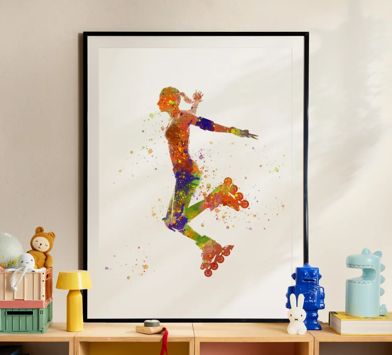 Pattinatrice in acquerello poster con telaio in legno da ⚽ Sports Pulse
