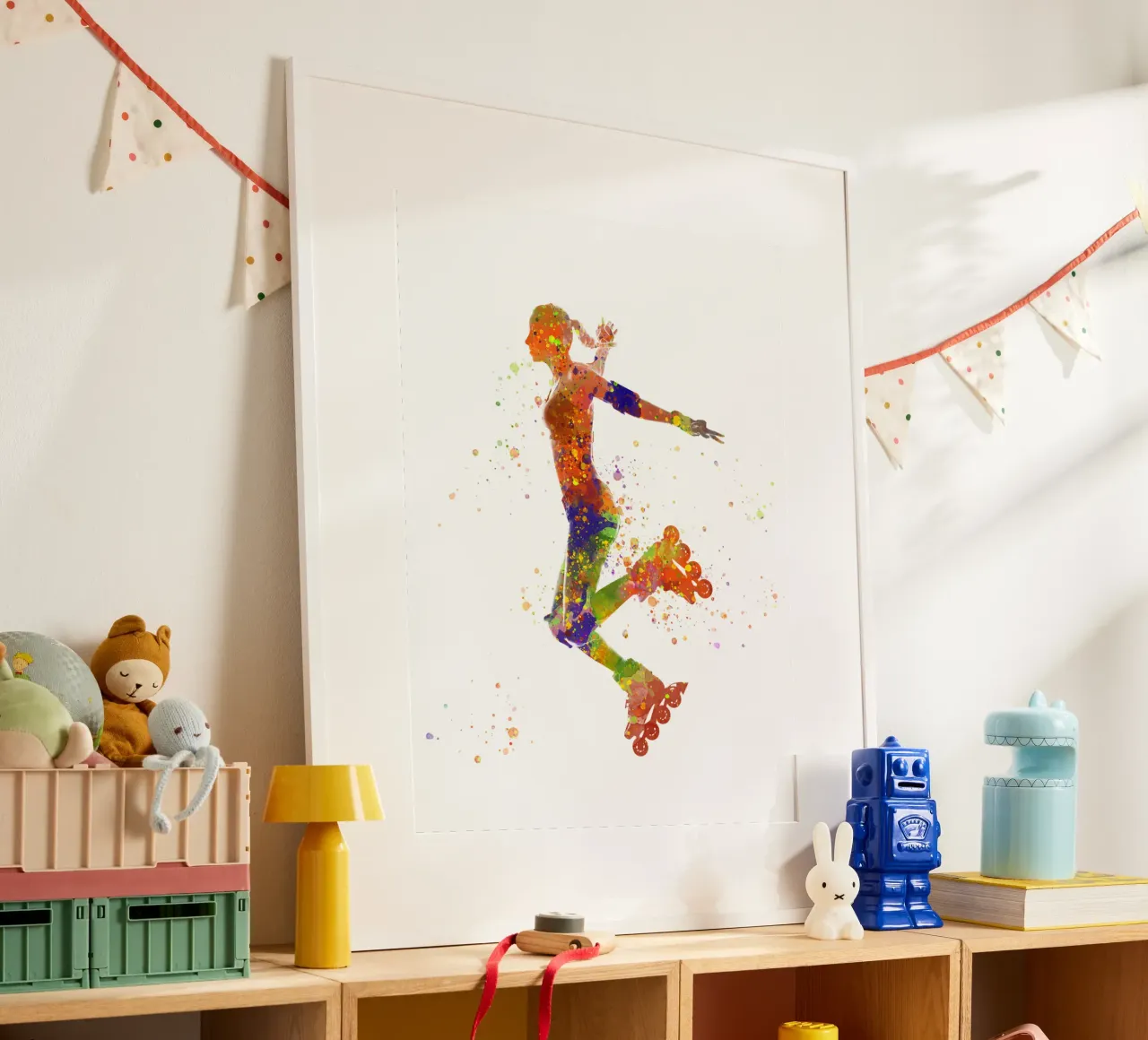 Pattinatrice in acquerello poster con telaio in legno da ⚽ Sports Pulse