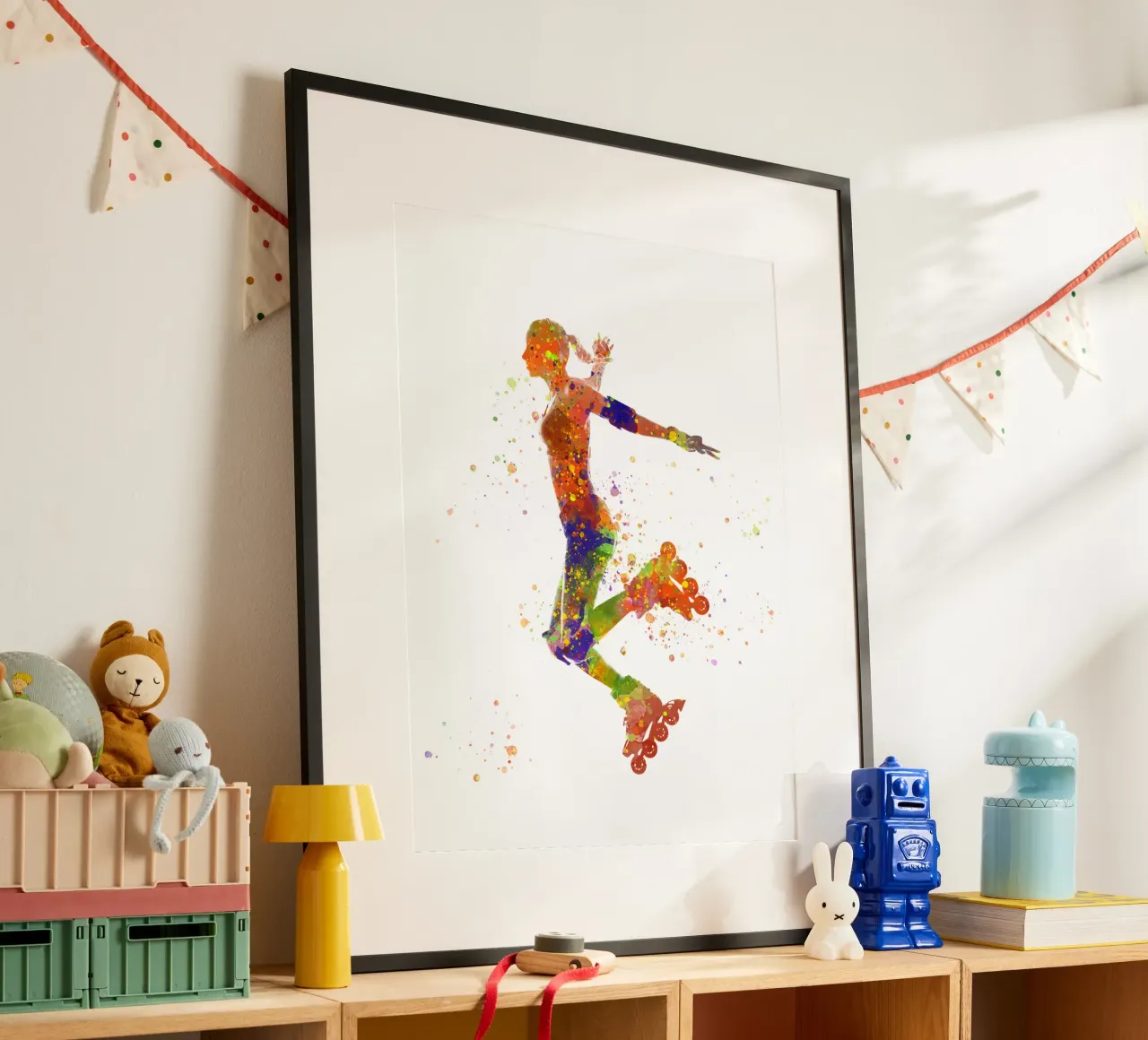 Pattinatrice in acquerello poster con telaio in legno da ⚽ Sports Pulse