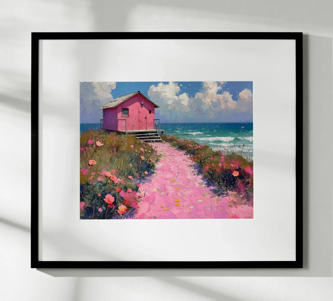 Casa rosa in riva al mare con sentiero rosa poster da Yaso Design & Art