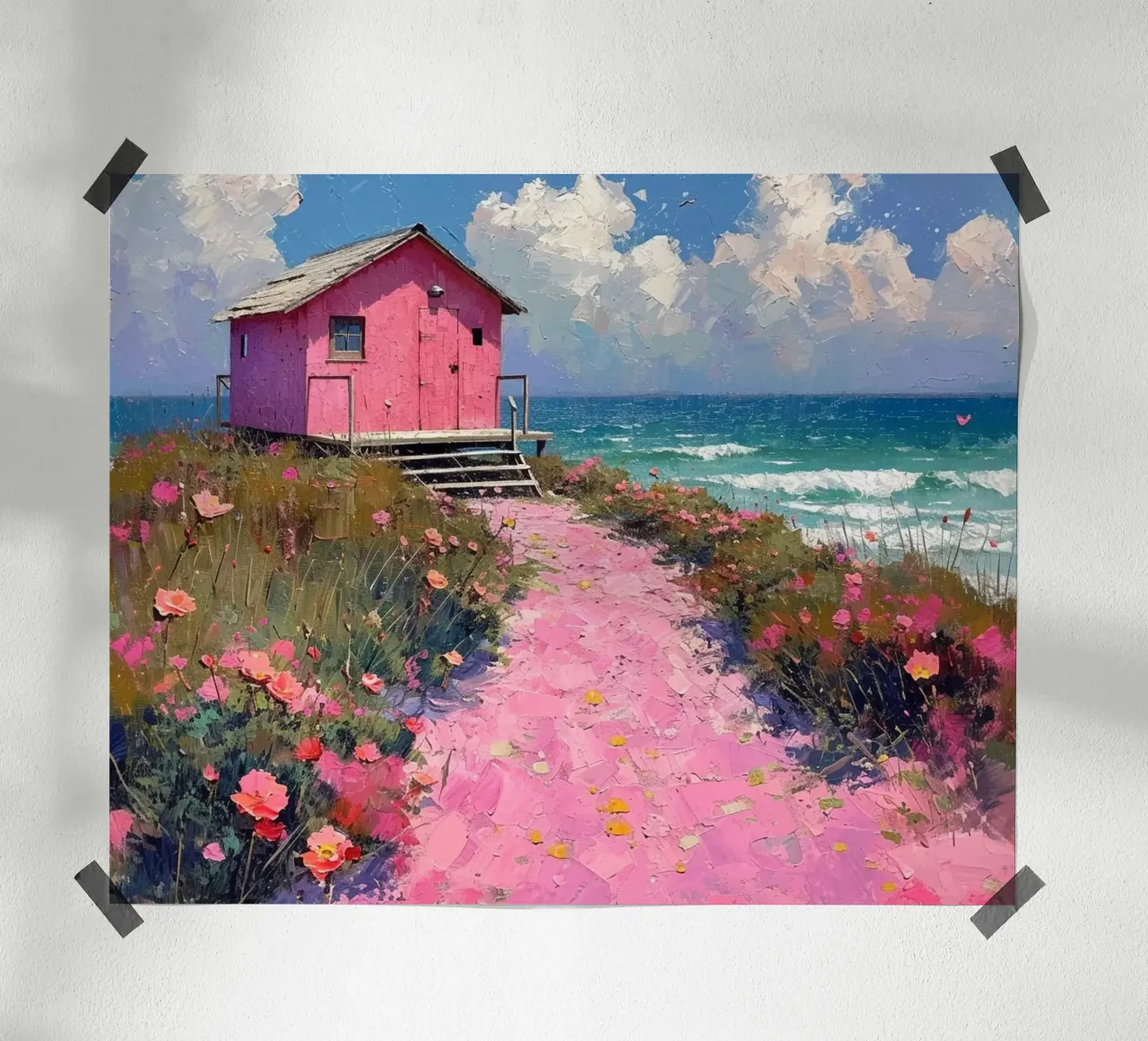 Casa rosa in riva al mare con sentiero rosa poster da Yaso Design & Art