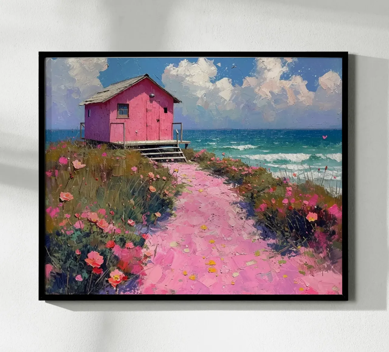 Casa rosa in riva al mare con sentiero rosa poster da Yaso Design & Art