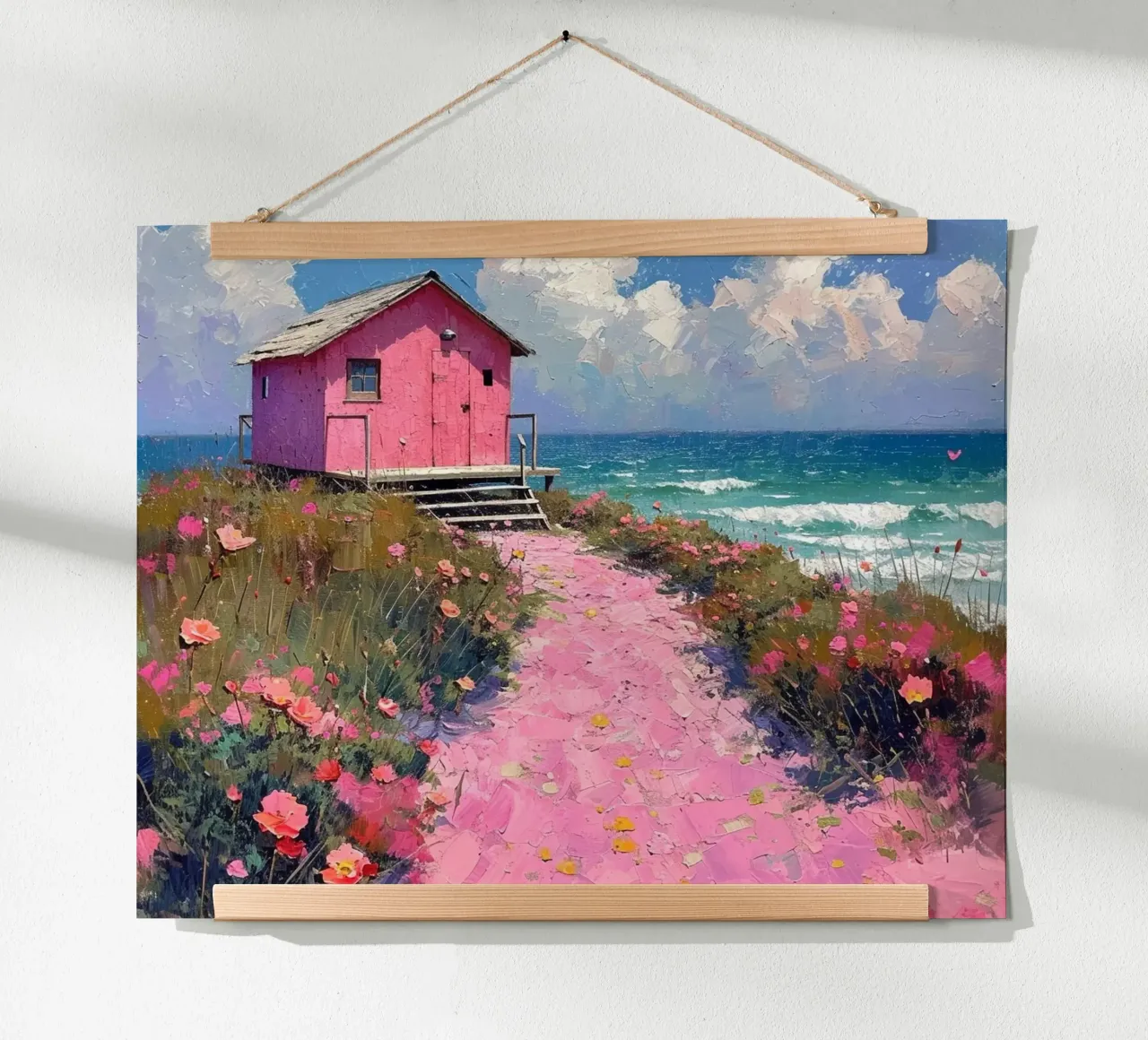 Casa rosa in riva al mare con sentiero rosa poster da Yaso Design & Art