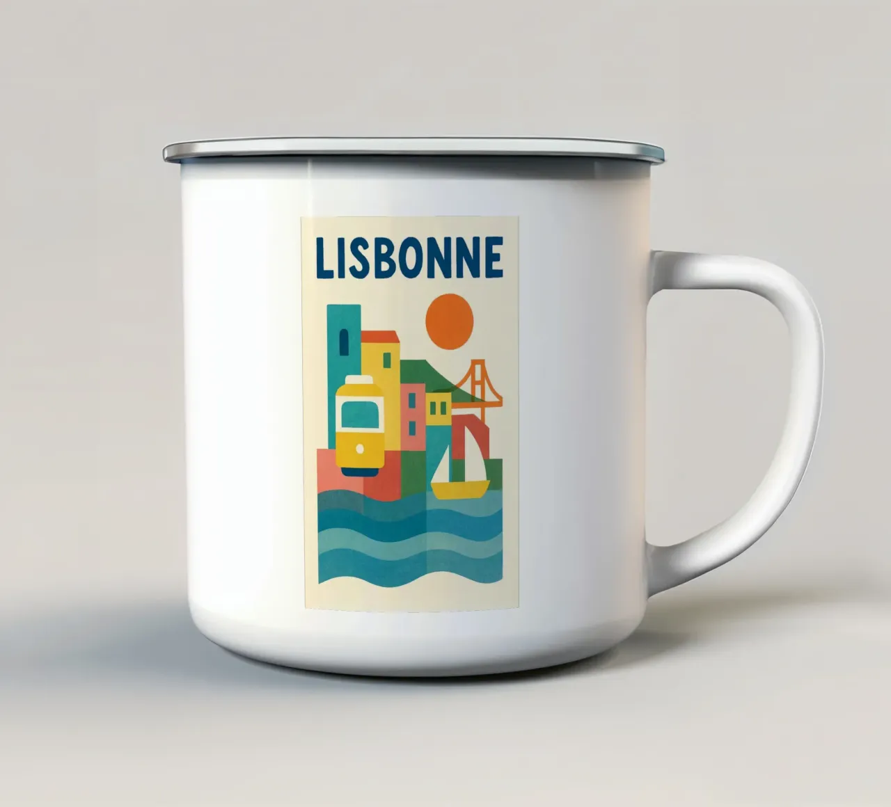 Poster d'epoca di Lisbona - tram giallo e fascino portoghese tazza in smalto da JETLAG | affiches voyage