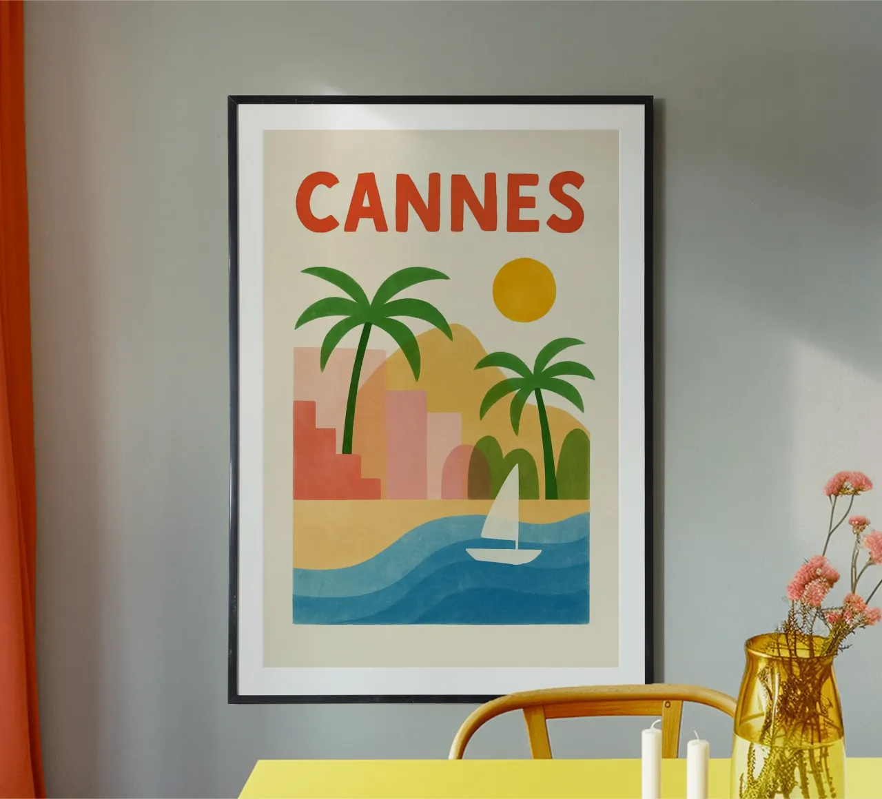 Poster d'epoca di Cannes - palme, spiaggia e glamour poster con telaio in legno da JETLAG | affiches voyage