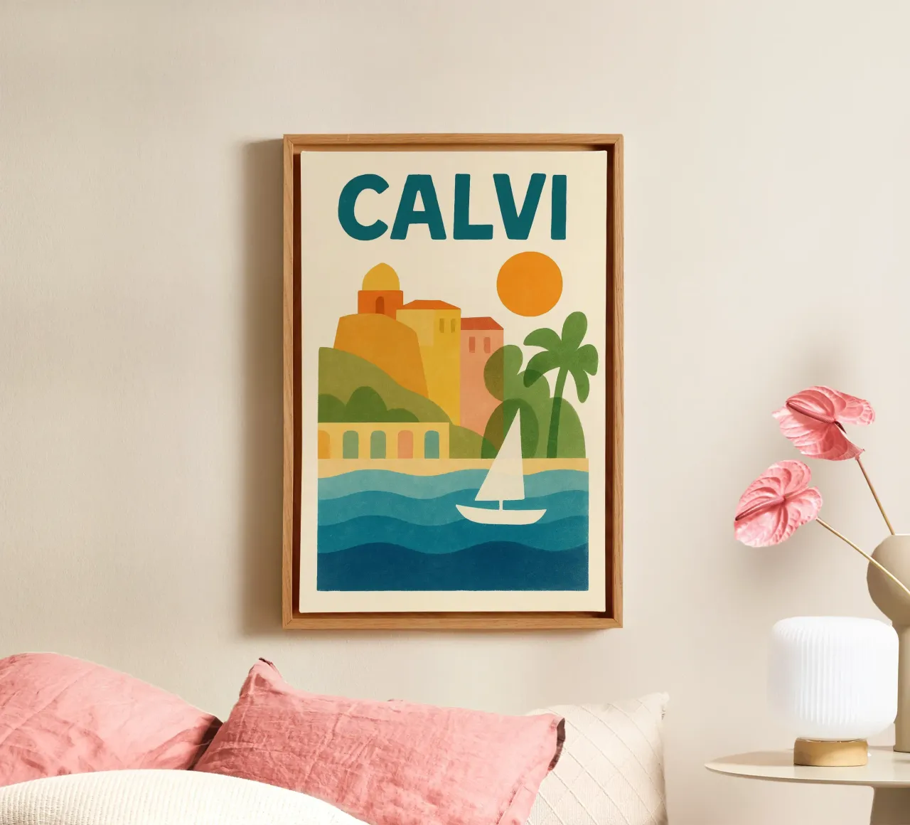 Poster d'epoca di Calvi - cittadella, palme e mare tela con Cornice a cassetta da JETLAG | affiches voyage