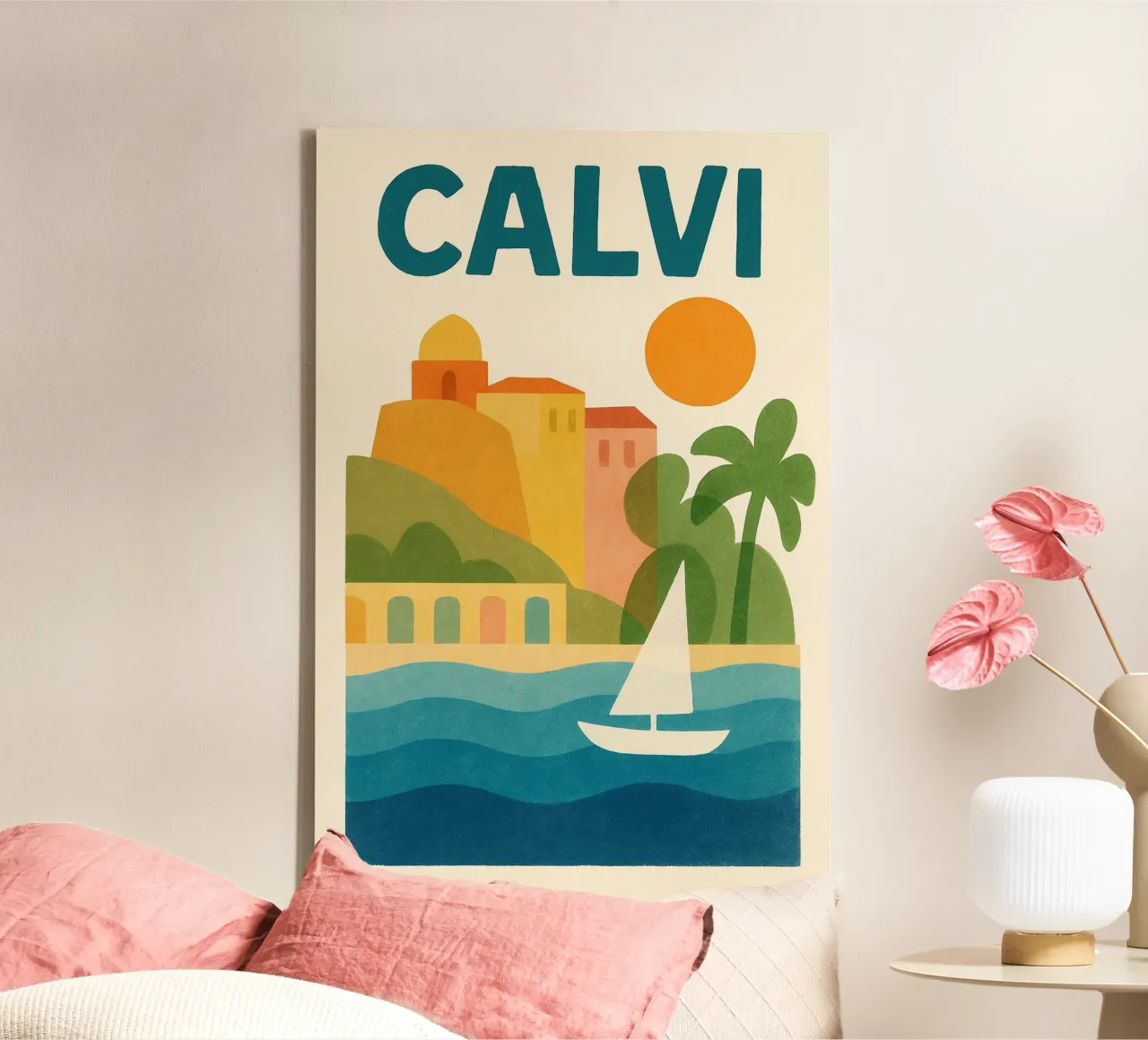 Poster d'epoca di Calvi - cittadella, palme e mare tela con Cornice a cassetta da JETLAG | affiches voyage