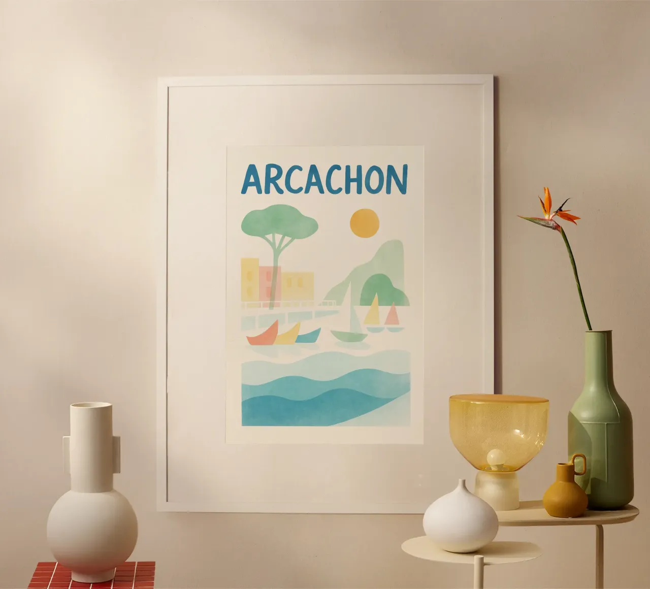 Poster vintage di Arcachon - bacino, barche a vela e morbidezza poster con telaio in plastica da JETLAG | affiches voyage